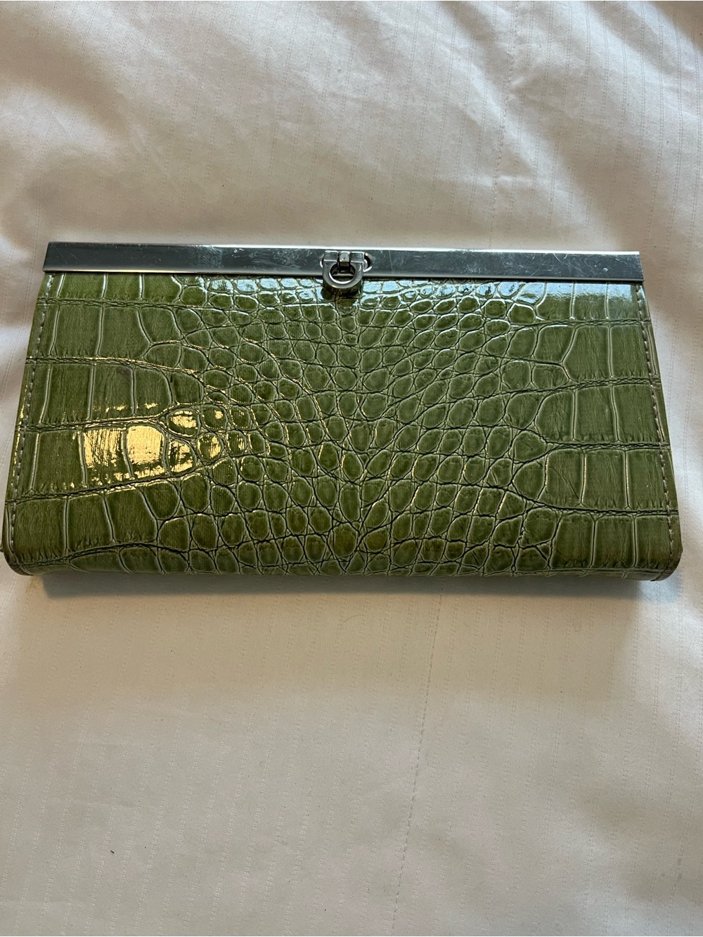 Olive Green Croc-Embossed Faux Leather Clutch
